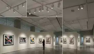 Composite photo showing ceiling track lights and spotlights above a contemporary art gallery with white walls, abstract paintings, glass partitions, and a woman viewing artwork.