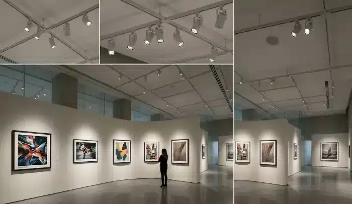 Composite photo showing ceiling track lights and spotlights above a contemporary art gallery with white walls, abstract paintings, glass partitions, and a woman viewing artwork.
