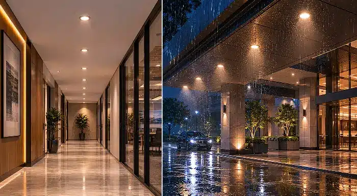 IP20 vs IP65 lighting applications for offices bathrooms and outdoor projects