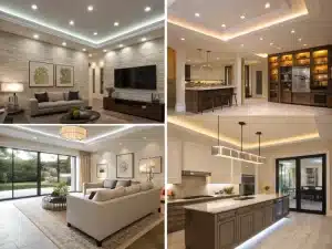 Collage of four modern interior rooms featuring living areas and kitchens with elegant lighting and contemporary furniture.