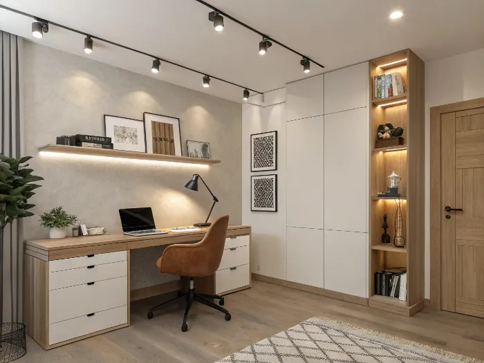 A cozy modern home office with a wooden desk, laptop, leather chair, built-in white shelves stocked with books and decor, plants, and warm ceiling lighting.