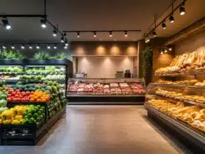 Brightly lit supermarket interior with fresh vegetable displays, raw meat counter, and bakery section filled with breads and pastries.