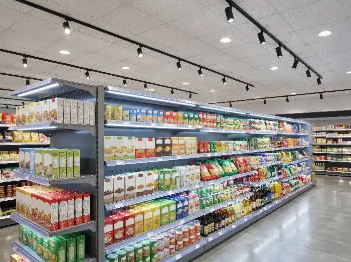 LED strip and linear shelf lighting installed under supermarket shelves
