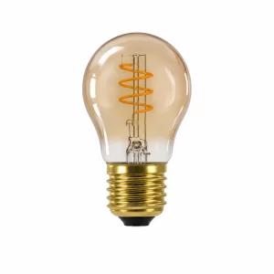 Close-up of an amber glass light bulb with orange spiral filament and gold metal base on white background.