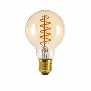 A vintage-style light bulb with a spiral orange filament inside a round amber glass globe and a gold base.