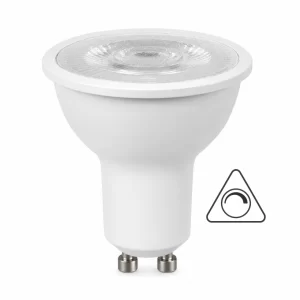 White GU10 LED spotlight bulb with textured lens, metal base pins, and triangular symbol on white background.
