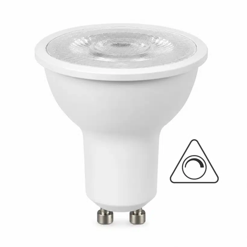 White GU10 LED spotlight bulb with textured lens, metal base pins, and triangular symbol on white background.