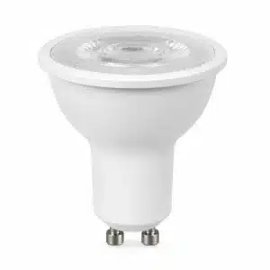 A white GU10 LED light bulb with a clear faceted lens and two metal pins at the base.