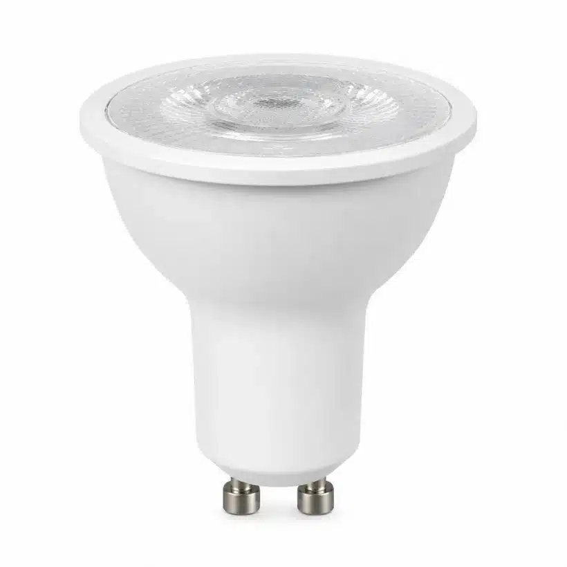 A white GU10 LED light bulb with a clear faceted lens and two metal pins at the base.