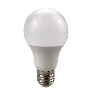 A white frosted LED light bulb with a metallic screw base against a solid black background.