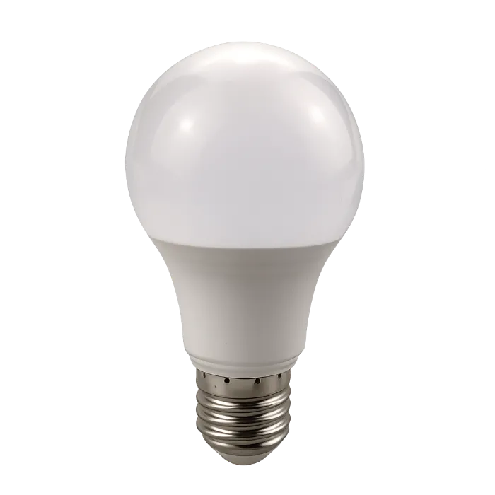 A white frosted LED light bulb with a metallic screw base against a solid black background.