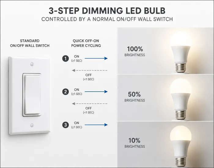3-step dimming LED bulb controlled by normal light switch
