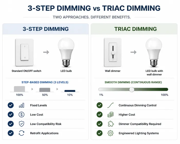 3-step dimming LED bulb vs Triac dimming comparison