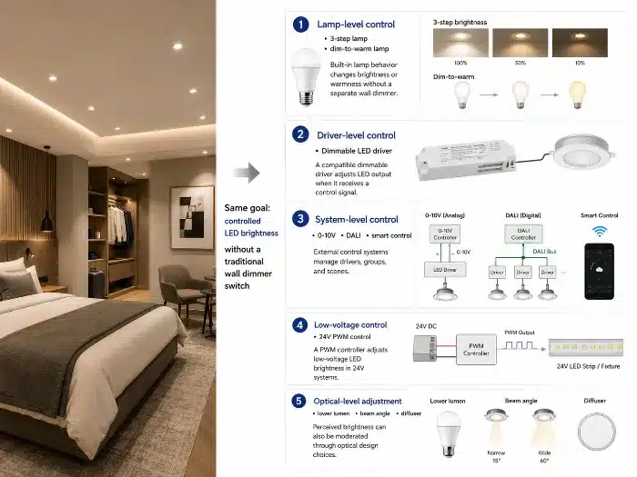 commercial LED dimming without wall dimmer switches