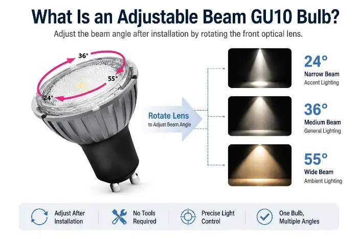 Diagram explaining adjustable beam angles of a GU10 LED bulb with 24, 36, and 55 degree options.