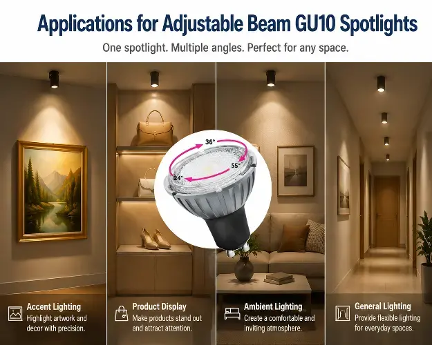 Promotional graphic showing GU10 spotlights used for accent lighting, product display, ambient lighting, and general home illumination.