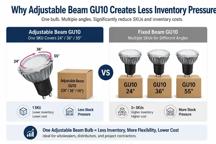 Comparison of adjustable beam GU10 bulb covering multiple angles versus three fixed beam GU10 bulbs for different angles.