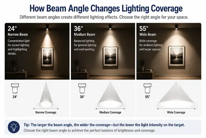 Infographic comparing narrow 24°, medium 36°, and wide 55° beam angles with lighting effects.