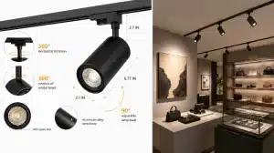 Technical diagram of black track light with rotation specs and retail store installation photo.