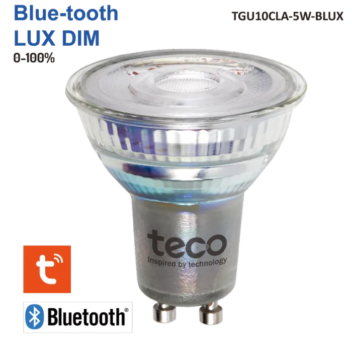 The image shows a clear glass GU10 LED bulb with Bluetooth connectivity and dimming capabilities from the teco brand.