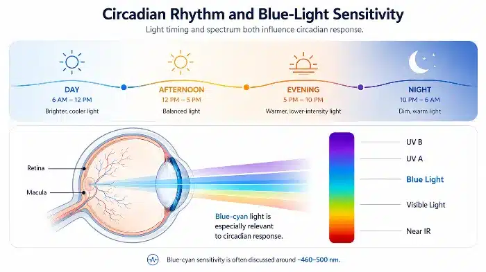 Educational graphic showing circadian rhythm and blue-light sensitivity
