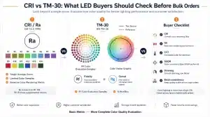 Infographie comparant les métriques CRI et TM-30 pour la qualité de couleur de l'éclairage LED avec une liste de contrôle pour l'acheteur.