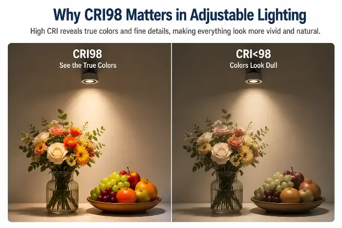 Side-by-side comparison of CRI98 and lower CRI lighting on flowers and fruits showing color differences.