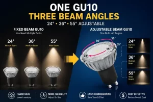 Infographie comparant des ampoules GU10 à angle de faisceau fixe avec une ampoule GU10 à angle de faisceau réglable montrant les options de 24, 36 et 55 degrés.