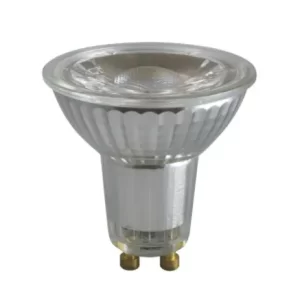 Close-up of a transparent glass GU10 light bulb with ribbed reflector and two metal pins at the base.