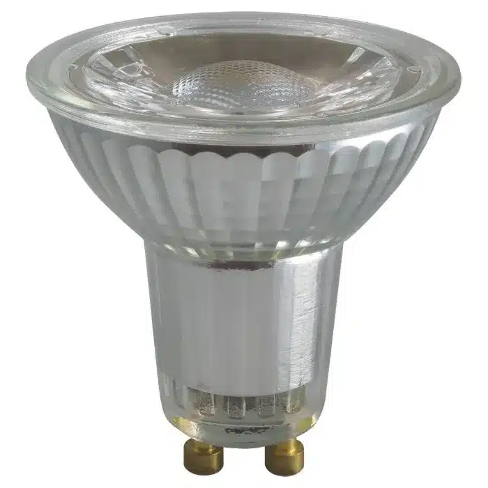 A clear glass GU10 halogen spotlight bulb with a faceted reflector and two metal pins at the base.