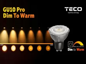 Product image of TECO GU10 Pro LED bulb with dim to warm feature showing color temperature range from 3000K to 1800K.