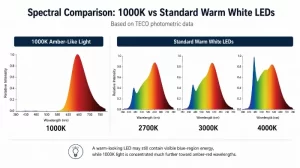 Graph comparing spectral distribution of 1000K amber-like LED light with standard warm white LEDs at different color temperatures.
