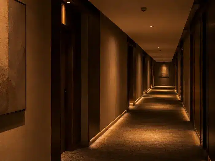 Corridor or hotel night mode lighting with low-intensity warm light