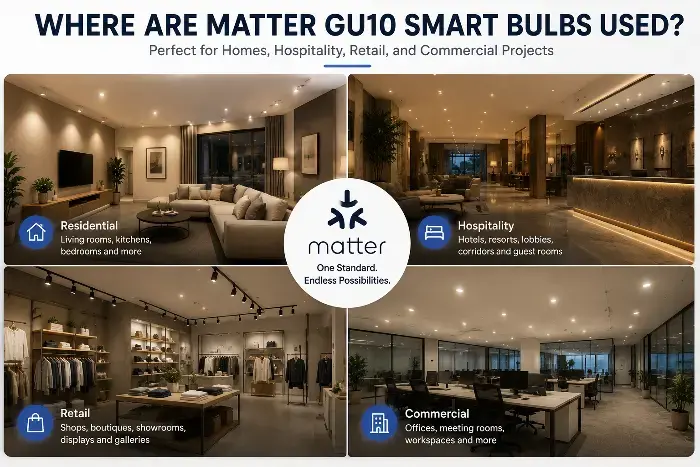 Collage of four modern interiors showing Matter GU10 smart bulbs used in residential, hospitality, retail and commercial spaces.
