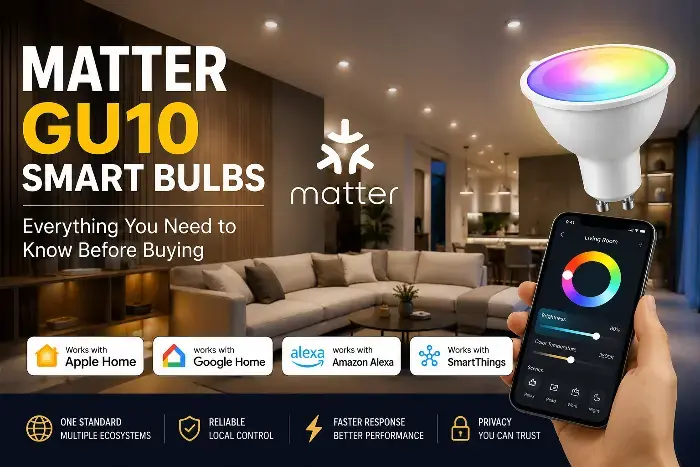 Une ampoule GU10 intelligente colorée contrôlée par une application smartphone dans un cadre de salon moderne avec des logos de maison intelligente.