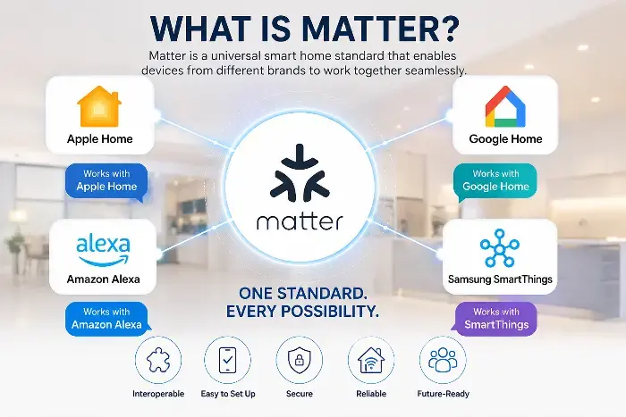 Infographic illustrating the Matter smart home standard connecting devices from Apple Home, Google Home, Alexa, and Samsung SmartThings.