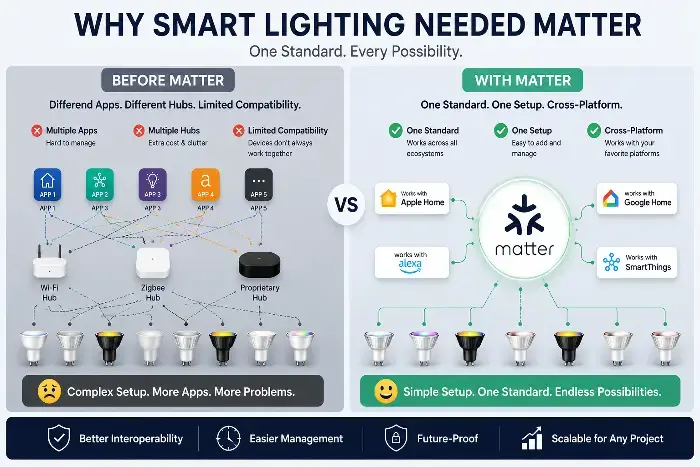 Infographic comparing complex smart lighting setups before Matter with simple unified Matter standard control.