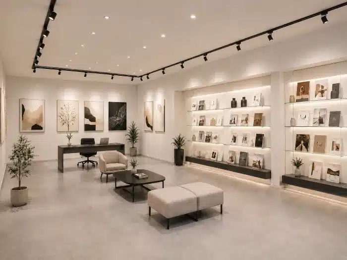 Commercial track lighting layout with adjustable spotlights aimed at display areas