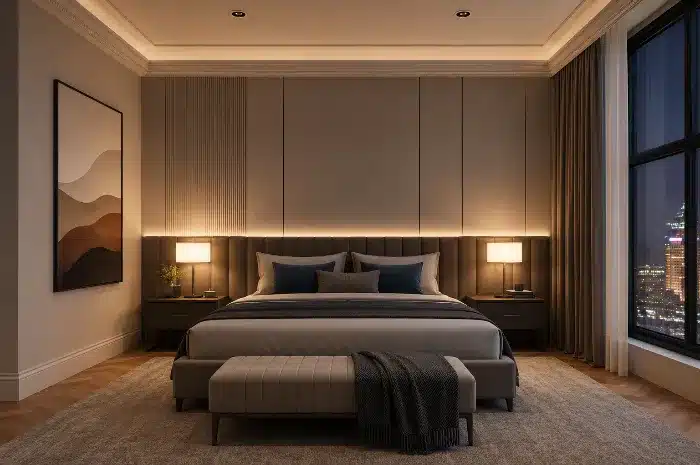 Hotel bedroom with soft ultra-warm lighting