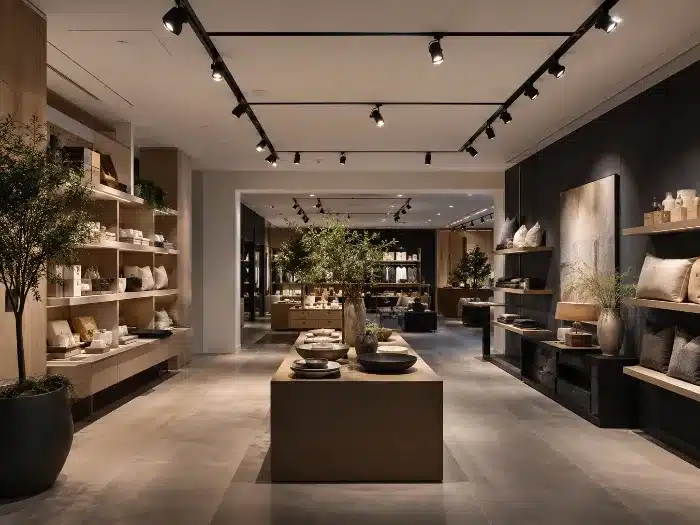 LED track spotlights highlighting a retail display with controlled beam angles