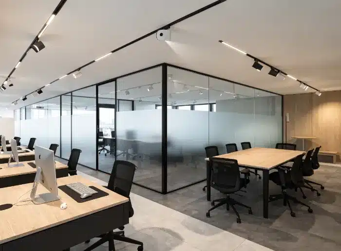 office track lighting design example for open plan workspace and collaboration zones