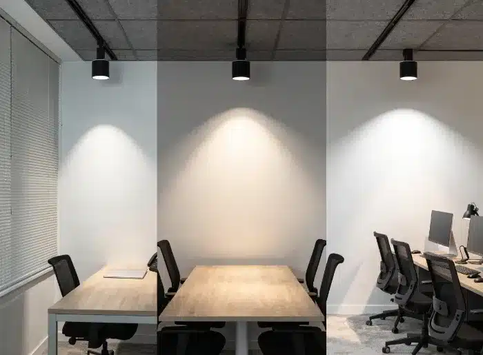 office track lighting beam angle selection for desks and collaboration areas
