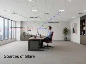 Diagram showing a man in an office experiencing direct natural glare, direct glare, and reflective glare from windows and lights.