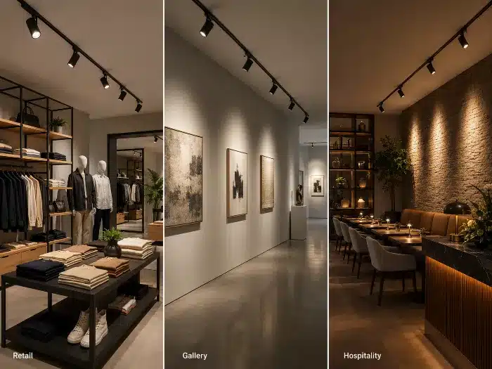 LED track spotlights used in retail gallery and hospitality lighting applications