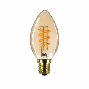 Decorative candle-shaped bulb with glowing orange spiral filament inside clear amber glass and brass base.