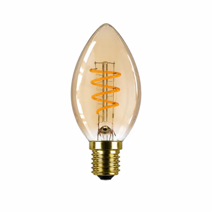Decorative candle-shaped bulb with glowing orange spiral filament inside clear amber glass and brass base.
