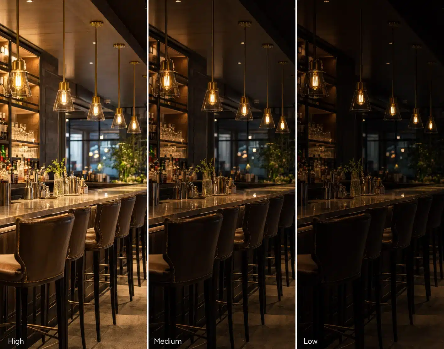 dimmable edison LED bulbs in exposed pendant fixtures with warm ambience