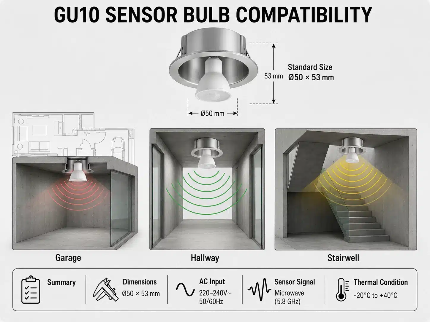 GU10 microwave motion sensor bulb fixture compatibility and installation testing