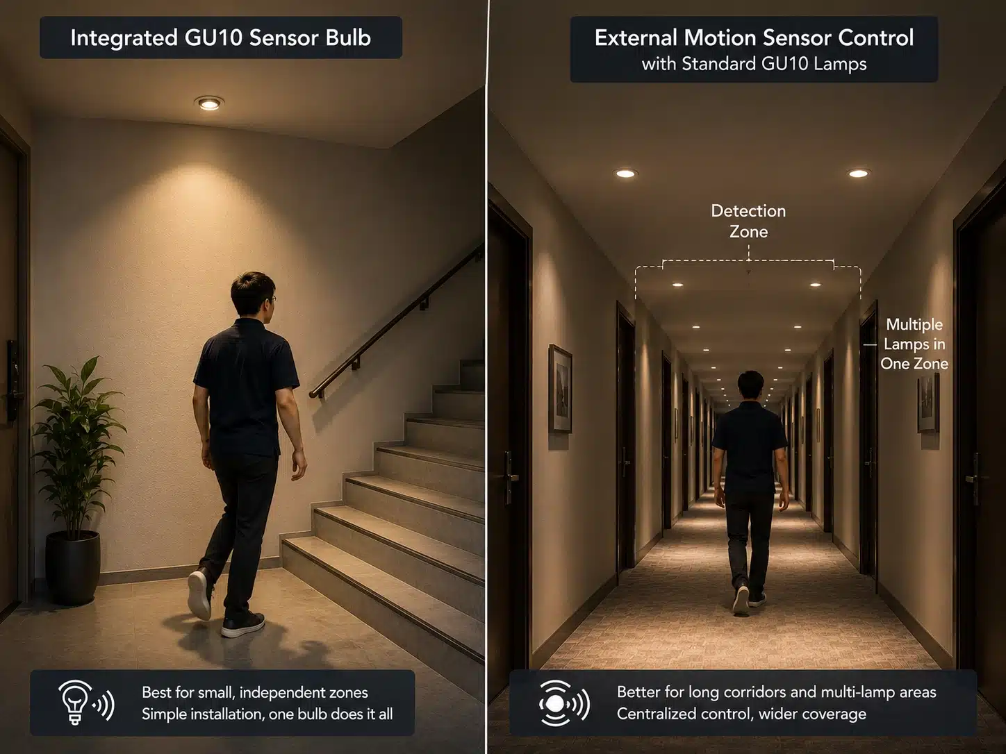 integrated GU10 sensor bulb versus external motion sensor lighting control