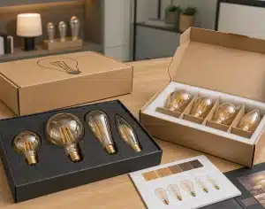 Assorted LED filament bulbs in sample packaging with color and shape charts for project review.